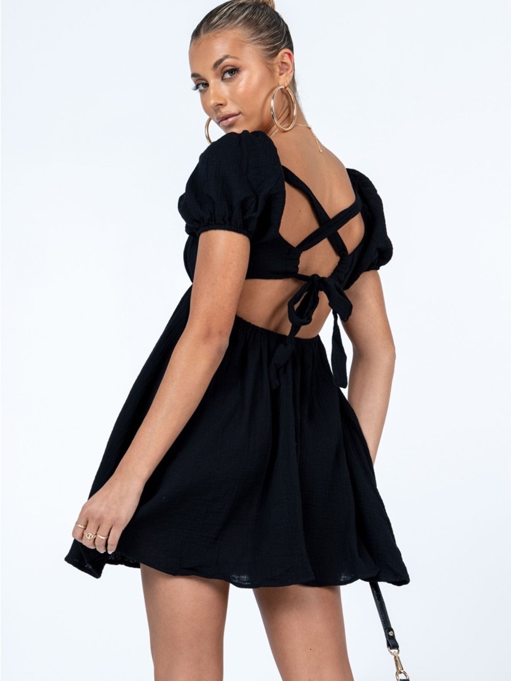 Princess Polly Black Puff Sleeve Mini Dress Open Tie Back Muslin Cotton Boho 6